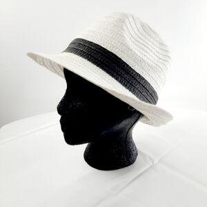 White and Black Straw Fedora Hat unisex